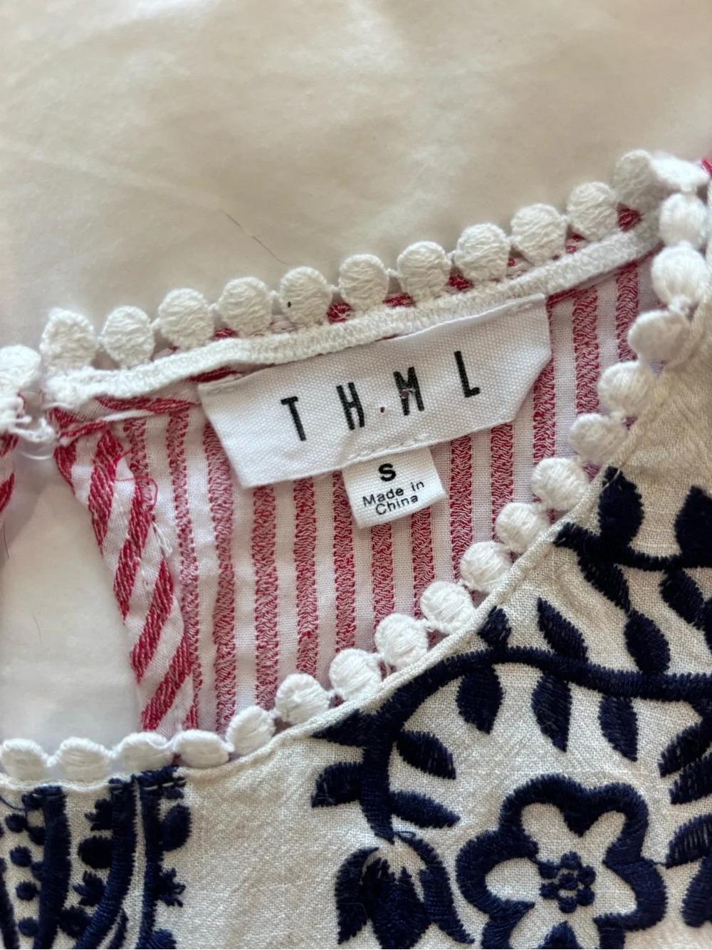 THML Sz S Top Cotton Linen Red White Striped Floral Embroidered Boho Cottagecore - Picture 7 of 10